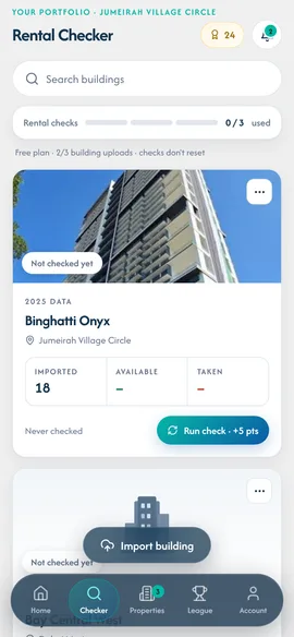 Rental Checker showing Binghatti Onyx in Jumeirah Village Circle, Dubai, with imported, available and taken units