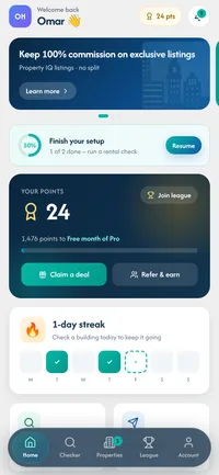 App home screen with points and setup progress