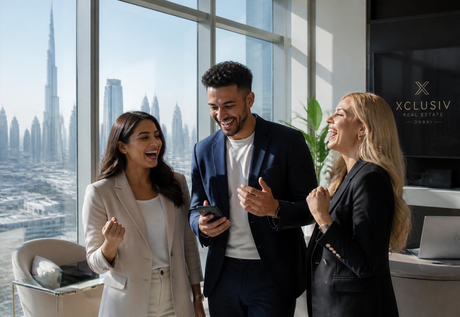 Dubai real estate team celebrating a closed deal